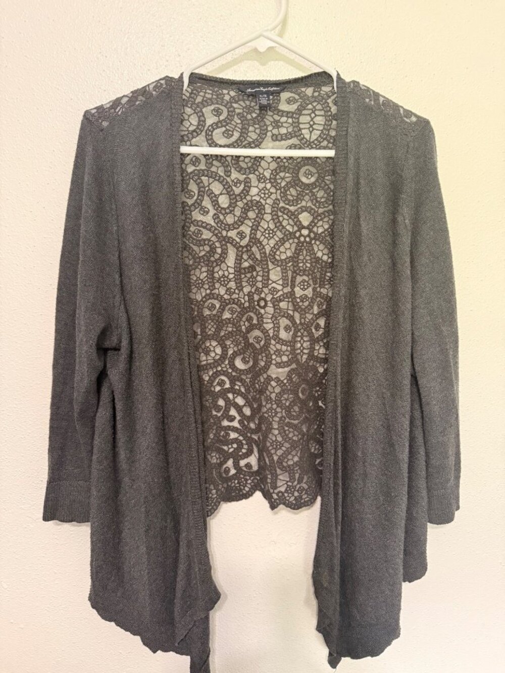 American Eagle Cardigan Gray with Lace Back Drape Front Womans XL